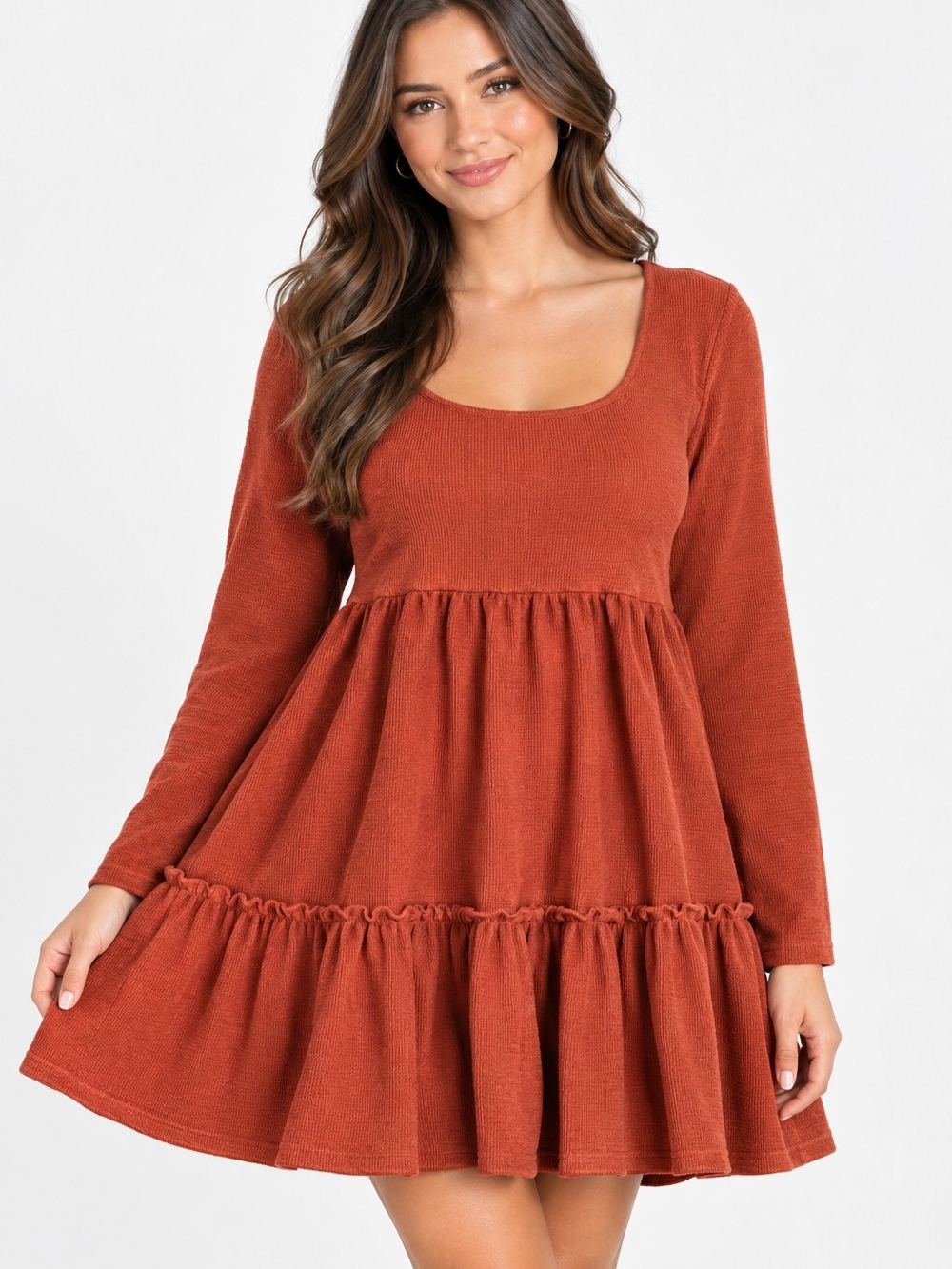HYFVE Rust Scoop-Neck Long-Sleeve Tiered Mini Dress
